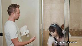 curvy wet plumber gags on masseurs cock in shower