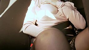 Busty babe masturbates with huge vibrator in public taxi, screaming in orgasm