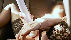 Busty babe masturbates with huge vibrator in public taxi, screaming in orgasm