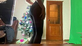 stacy decorating the christmas tree in black pantyhose