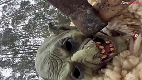 hot athletic latina aline novak gives huge blowjob in woods halloween