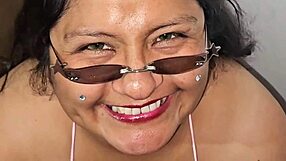 Fat bbw Kitty in bikini shows big tits and swallows cum