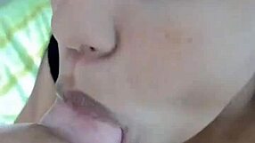 Young stepsister gives quick blowjob in parents' room!