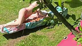 Wife caught naked masturbating outdoors before performing blowjob leading to cumshot