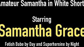 Bondage babe Samantha Grace pleasures her pink pussy with vibrator