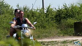 Girl gets fucked after riding motorcycle in public