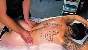 Male masseur spanks tattoo girl after teasing massage. She screams during dirty fuck.