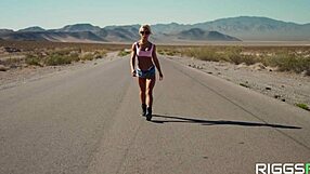 ripped blonde fitness model takes creampie in desert