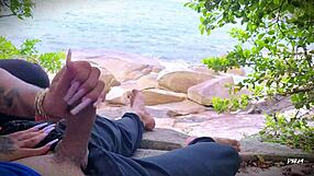 i give handjob leading to surprise cum on beach