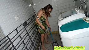 Blonde cleaner surprises young guy watching porn for intense anal sex