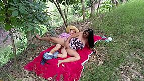 busty stepmother fucks stepson outdoors with blowjob