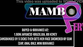 Japanese-Brazilian honey endures gangbang with monster cocks, ending in cum shower.