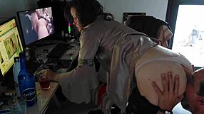 watch this white slut sucking and rimming before fucking in her satin lingerie thong dress stockings heels