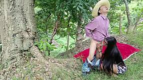 busty stepmother fucks stepson outdoors with blowjob