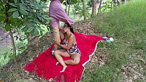 busty stepmother fucks stepson outdoors with blowjob