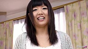 Japanese teen intensely masturbates to orgasm with Hitachi at casting.