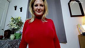 Curvy Blonde Gives Handjob In Red Sweater