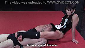 Why does Japanese mistress Suzuran trample and wrestle her slave with toys?