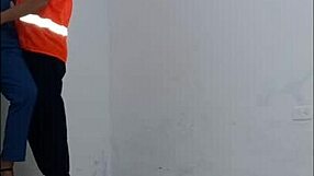 Cleaning Employee Seduced by Nurse for Passionate Standing Fuck in Office Hallways