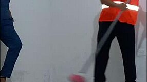 Cleaning Employee Seduced by Nurse for Passionate Standing Fuck in Office Hallways