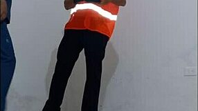 Cleaning Employee Seduced by Nurse for Passionate Standing Fuck in Office Hallways