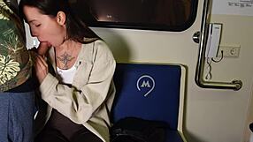 She publicly sucked his cock and got fucked in the train car.