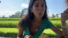 I sneak a public cumshot on my face while eating pasta in the cafe.