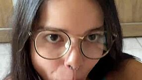 Nerd Brunette With Big Natural Tits Gives Deep Blowjob To Wellington Prado's Big Cock From Behind In Shorts And Jeans