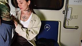 She publicly sucked his cock and got fucked in the train car.