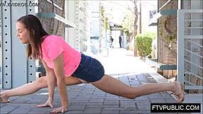 flexible teen 18+ shows off acrobatic moves in public, flashing glimpses.