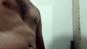 Undressing for solo masturbation in bathroom with big cock