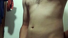 Undressing for solo masturbation in bathroom with big cock