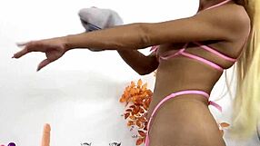 Curvy Blonde Transsexual Karine Siqueira's Intense Solo Anal and Masturbation