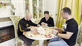 three friends gangbang fucked russian bitch monika fox during break in lotto game with double penetration anal deepthroat and facial