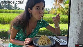 I sneak a public cumshot on my face while eating pasta in the cafe.