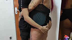 Spanish woman enjoys cumshot with young guy, unaware husband listens nearby.