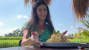 I sneak a public cumshot on my face while eating pasta in the cafe.