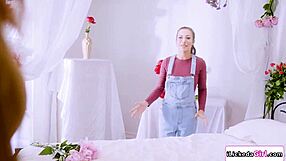 busty lesbian hints at licking petite model's pussy