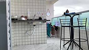 Latina maid cleans house seductively.