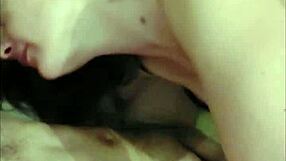 French Amateur Slut in Leather Pants Does Doggy Blowjob