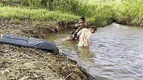 Intense outdoor threesome by river with two hotties sucking and creampied