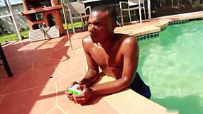 In a wild florida pool orgy, ebony and redhead suck big cocks with cum swapping