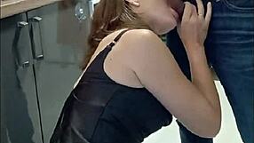 French Amateur Slut in Leather Pants Does Doggy Blowjob