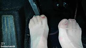 Pumping in birkenstocks with european mature german nylon pantyhose toes close up
