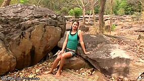 Thai ladyboy with tiny tits strips nude and masturbates to cumshot outdoors