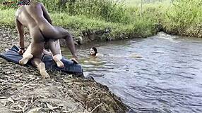 Intense outdoor threesome by river with two hotties sucking and creampied