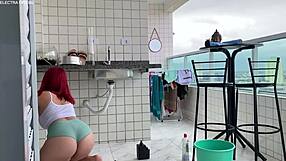 Latina maid cleans house seductively.