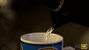 after drinking tea, the girl and her old husband have sex on the sofa