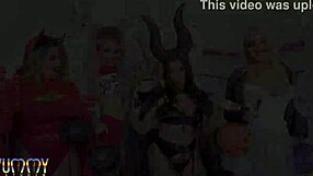 Halloween orgy with eight studs double penetrating four Brazilian hotties.