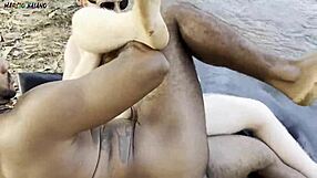 Intense outdoor threesome by river with two hotties sucking and creampied